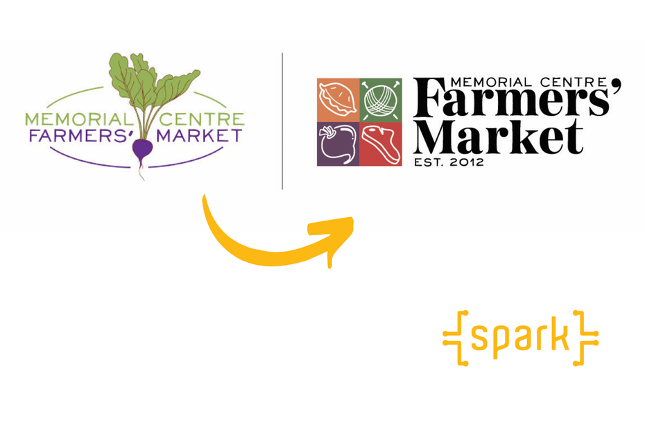 The old Memorial Centre Farmers' Market logo is shown on the left and the newly rebranded logo on the right. The Spark logo is in the bottom right corner.